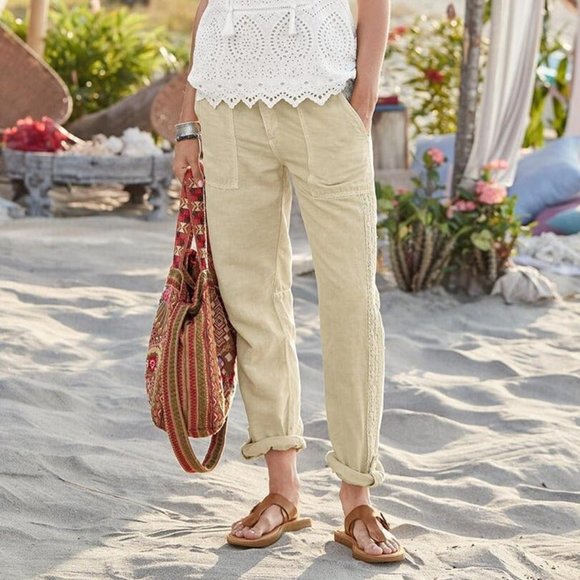 Sundance Originals Linen Organia Lace Pants Yellow/Mustard Seed Lagenlook sz 10 - Picture 9 of 9